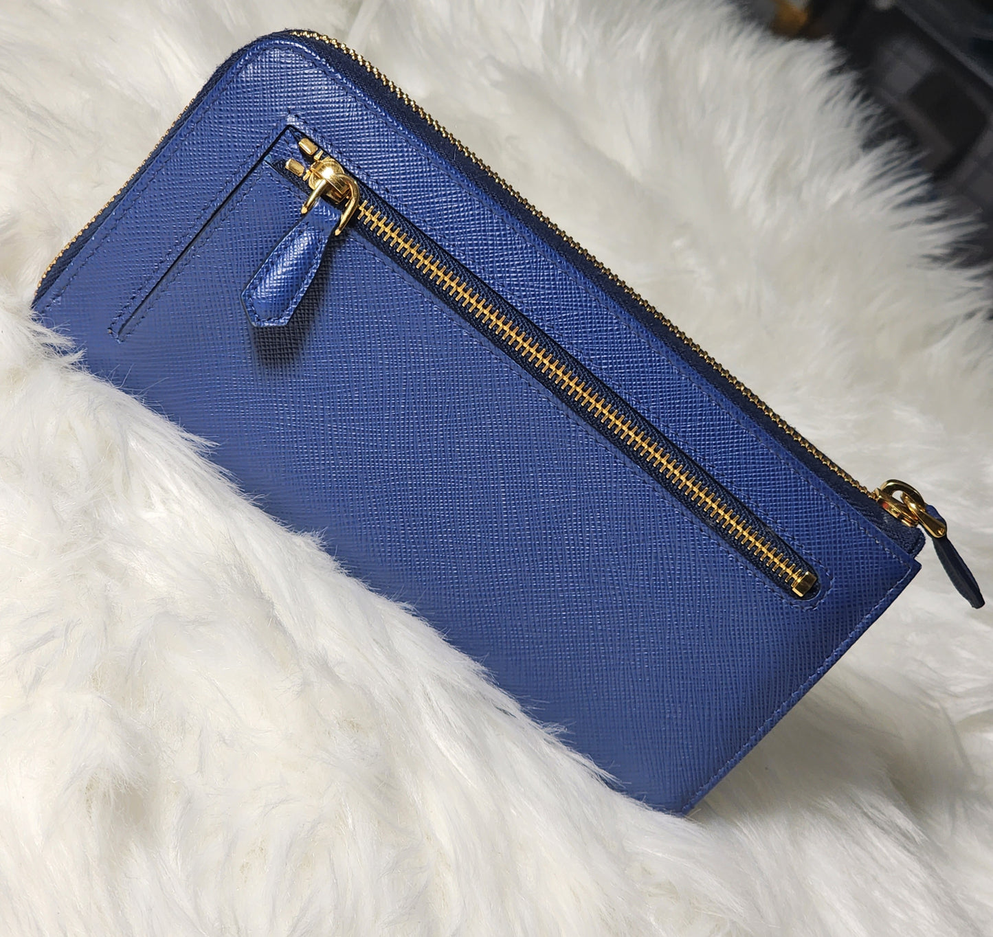 Prada Blue Saffiano Peonia Fiocco Bow Zip Around Wallet