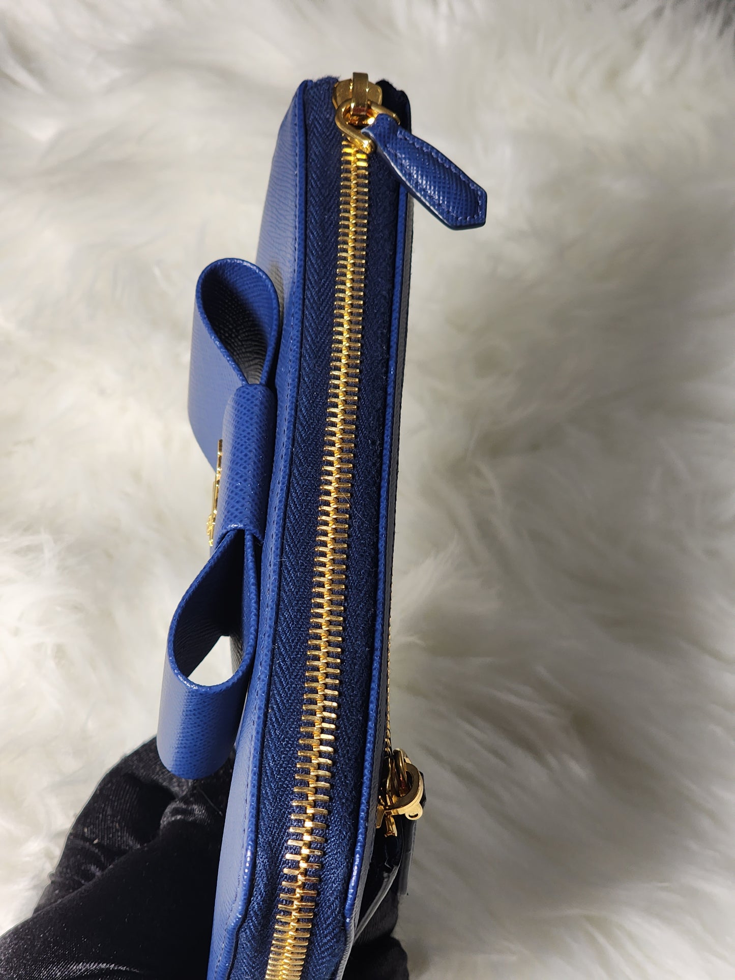 Prada Blue Saffiano Peonia Fiocco Bow Zip Around Wallet