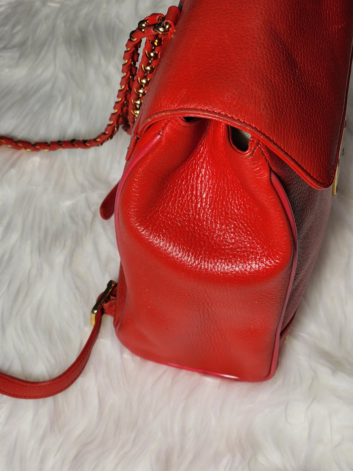 MCM Vintage Red Leather Braided Chain Small Backpack