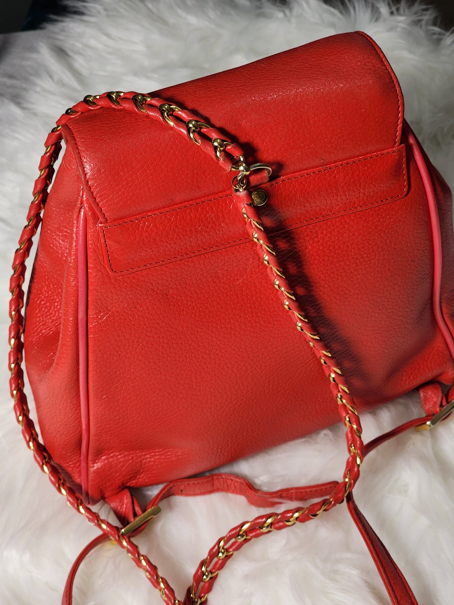 MCM Vintage Red Leather Braided Chain Small Backpack