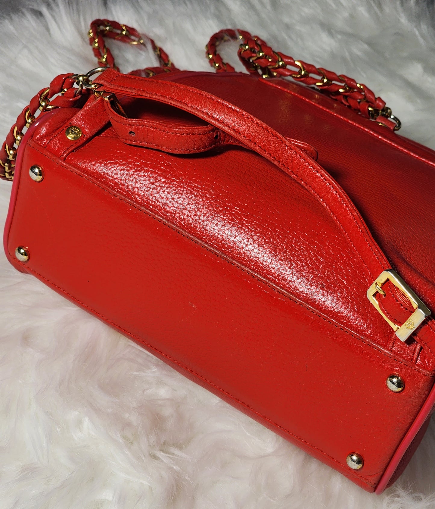 MCM Vintage Red Leather Braided Chain Small Backpack