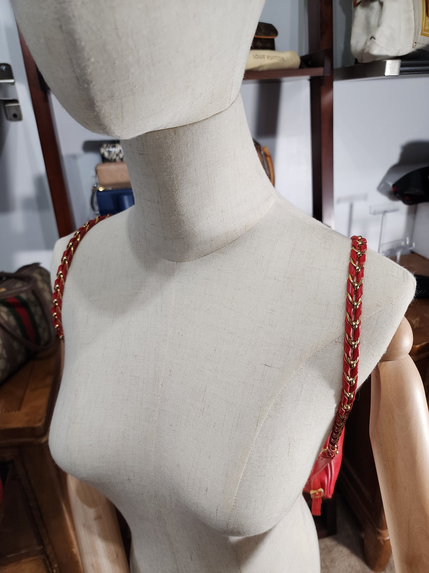MCM Vintage Red Leather Braided Chain Small Backpack