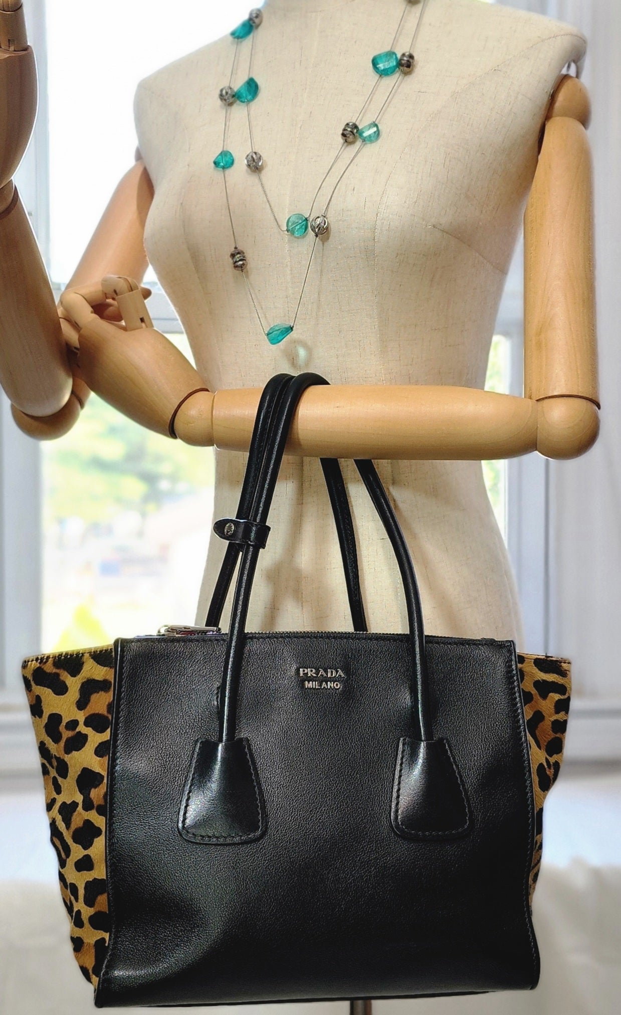 Prada Black Leather and Leopard Print Calf Hair Twin Bag