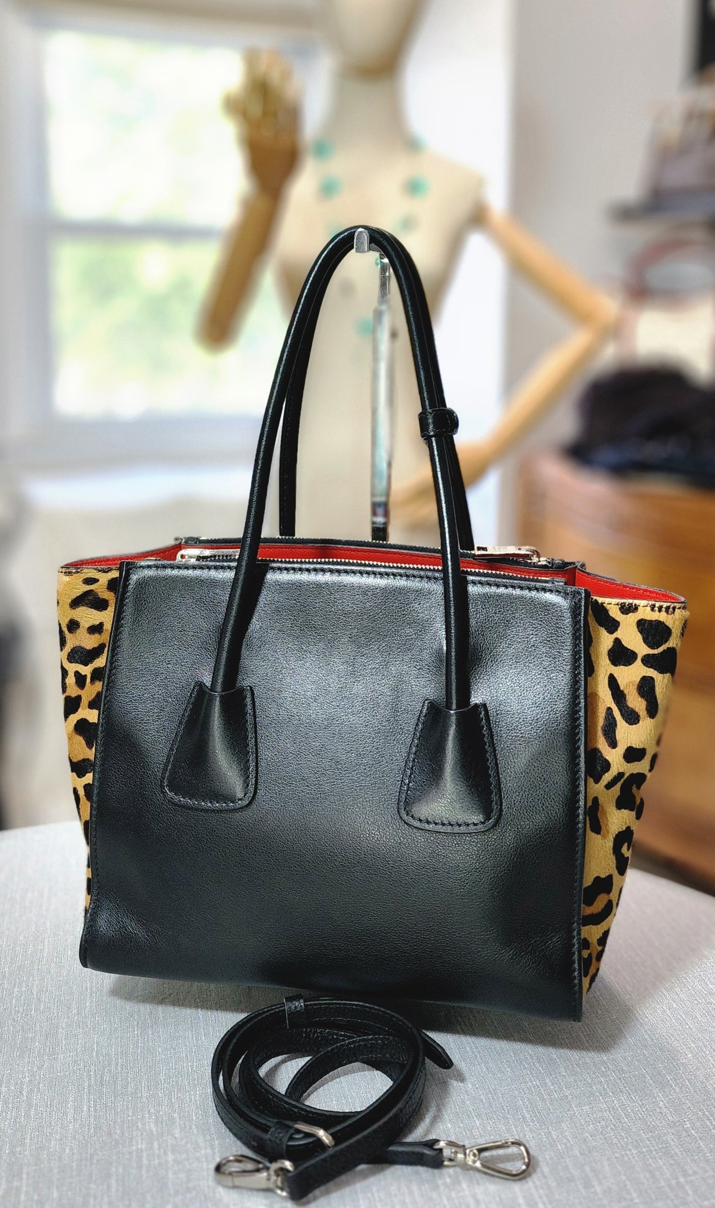 Prada Black Leather and Leopard Print Calf Hair Twin Bag