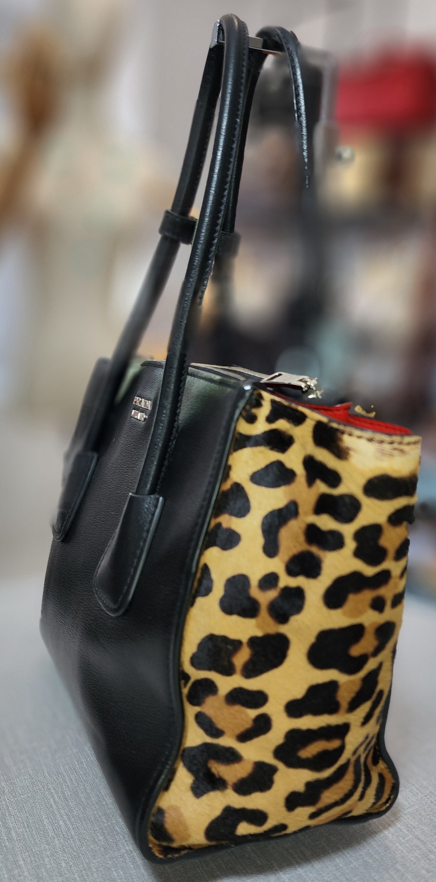 Prada Black Leather and Leopard Print Calf Hair Twin Bag