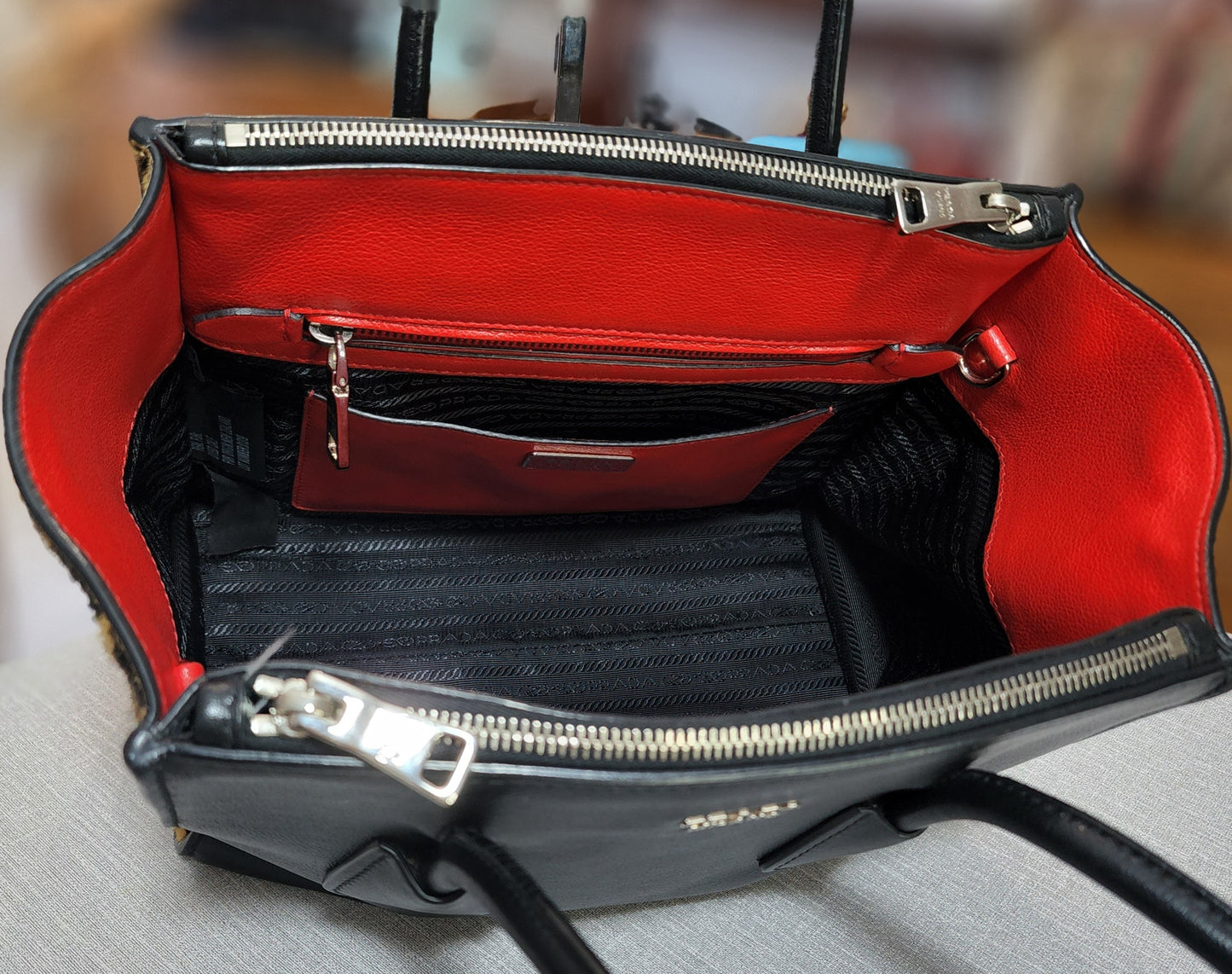 Prada Black Leather and Leopard Print Calf Hair Twin Bag