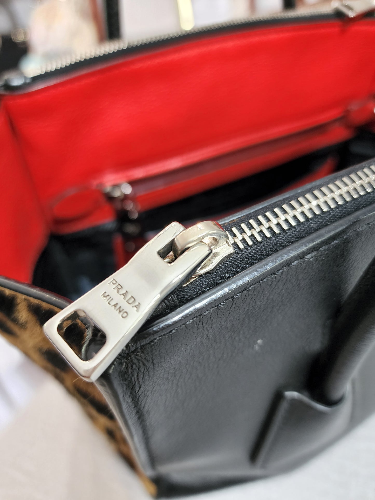 Prada Black Leather and Leopard Print Calf Hair Twin Bag