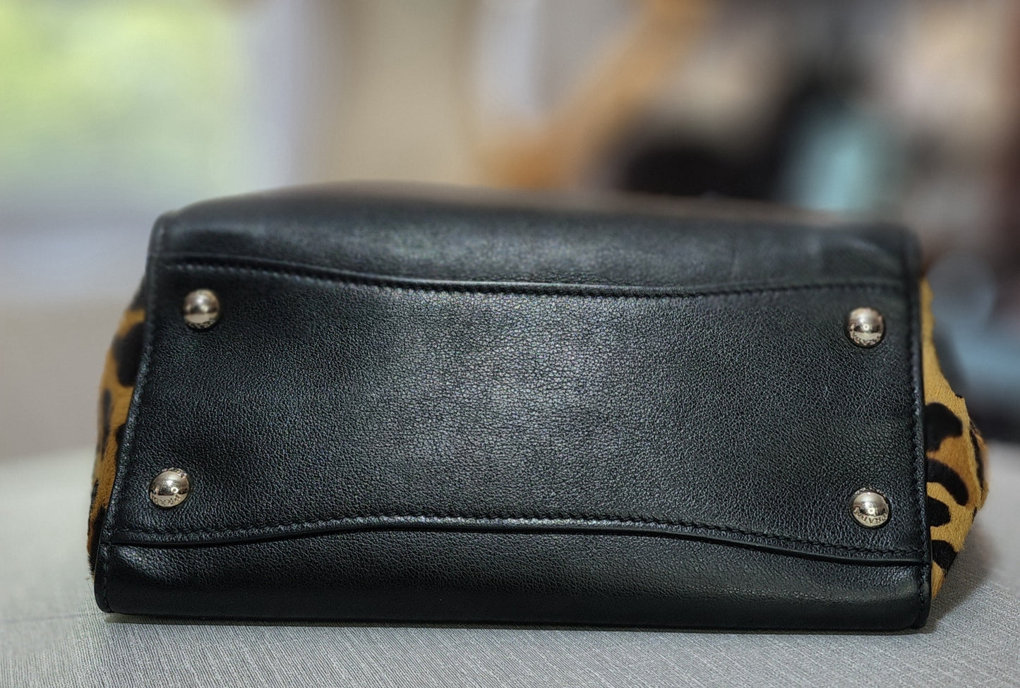 Prada Black Leather and Leopard Print Calf Hair Twin Bag
