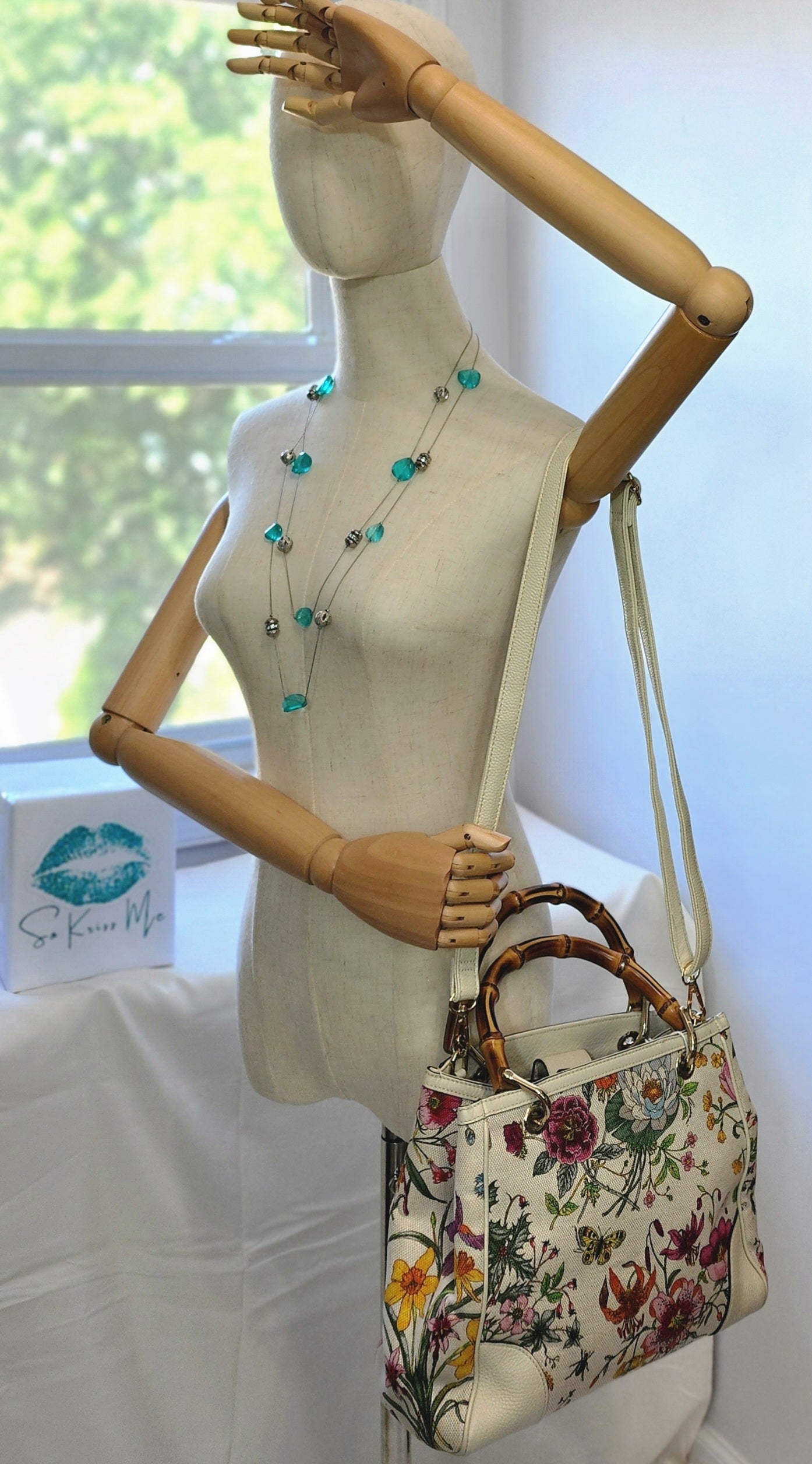 Gucci Floral Print Bamboo Handle Canvas Handbag
