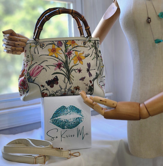 Gucci Floral Print Bamboo Handle Canvas Handbag