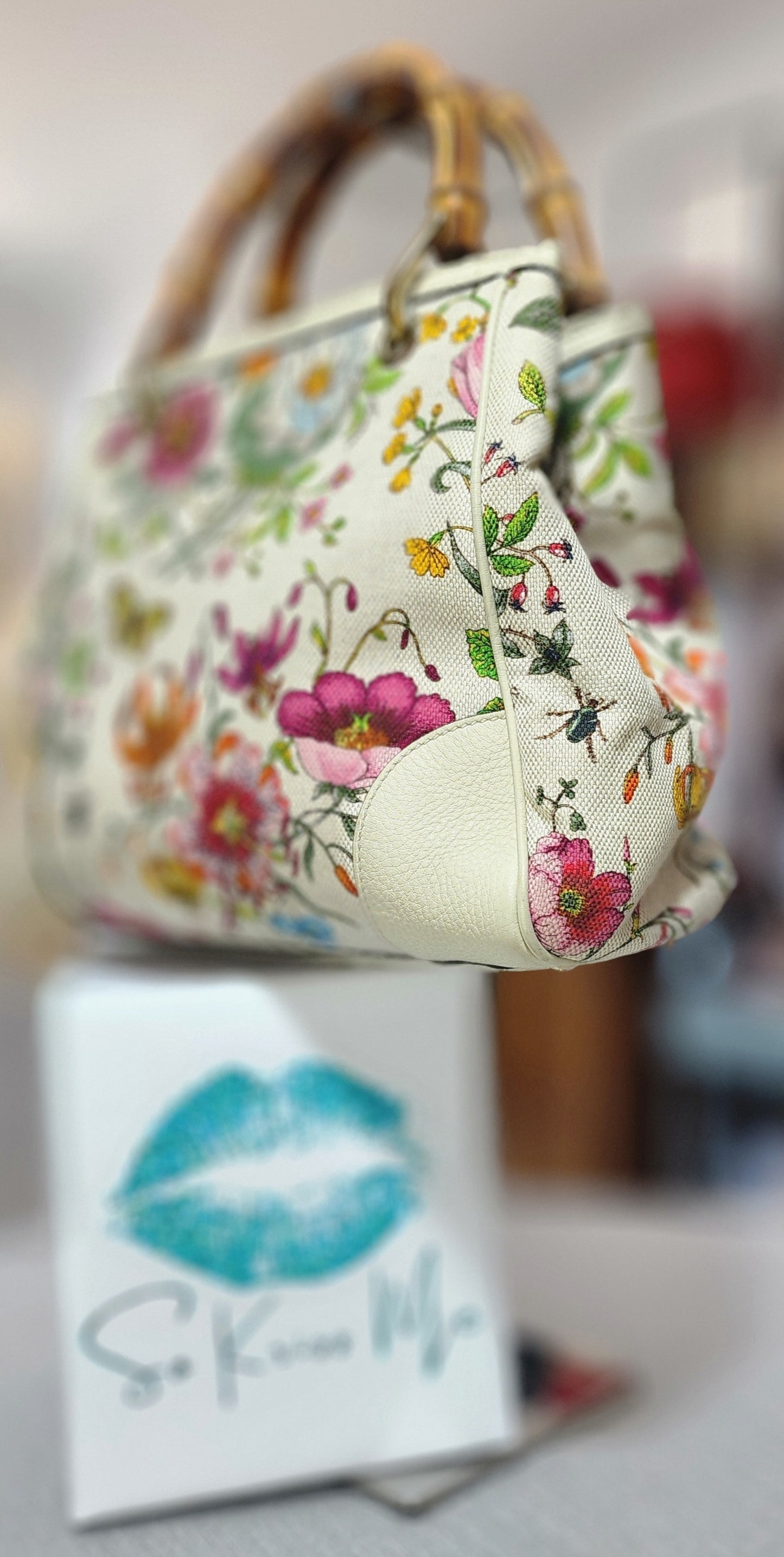 Gucci Floral Print Bamboo Handle Canvas Handbag