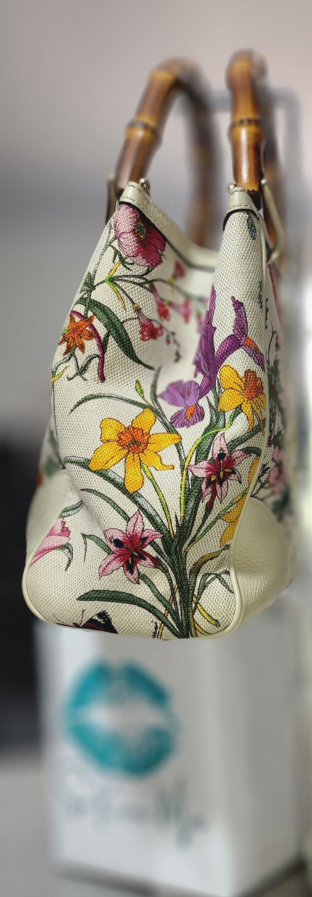 Gucci Floral Print Bamboo Handle Canvas Handbag