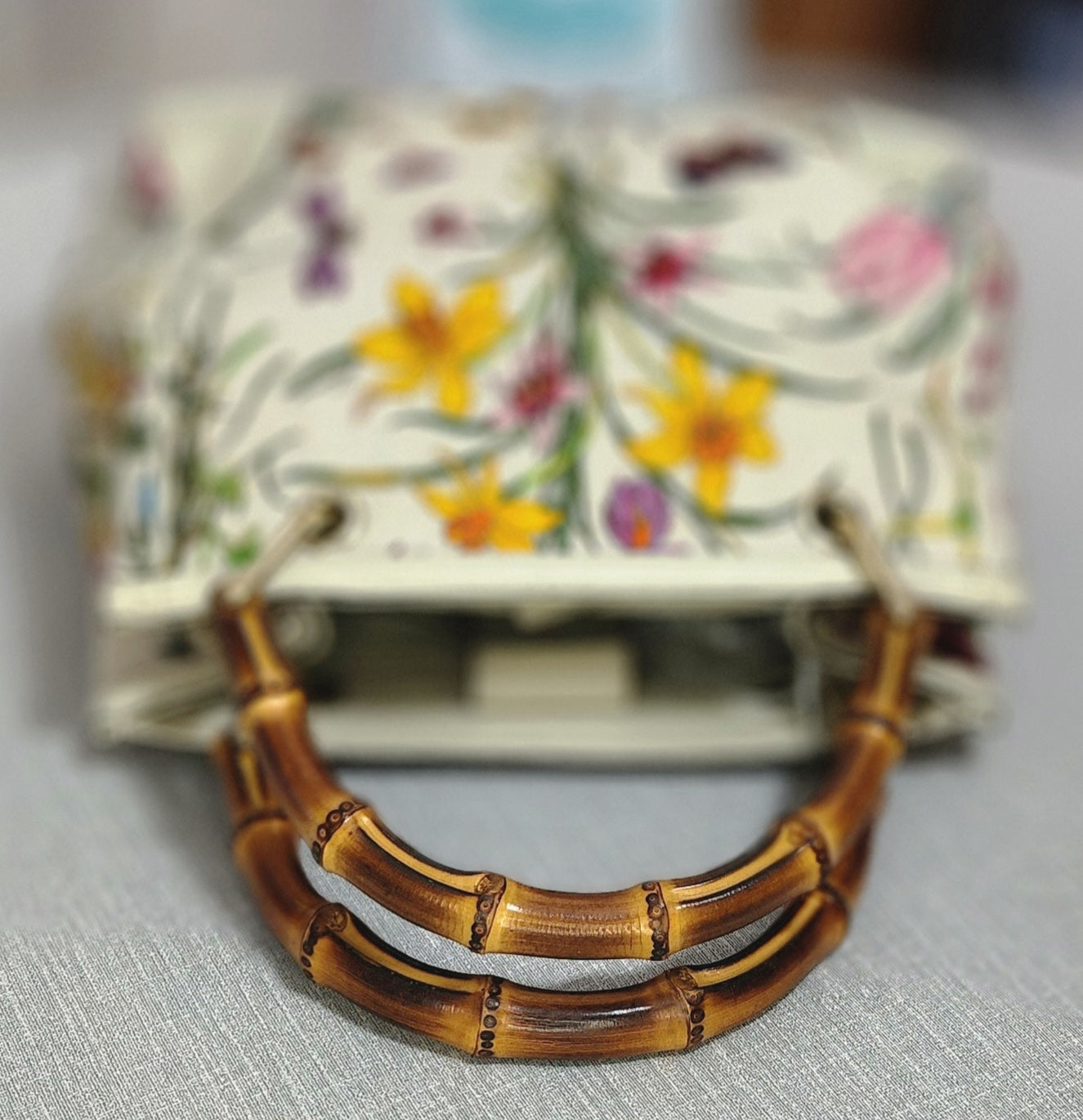 Gucci Floral Print Bamboo Handle Canvas Handbag