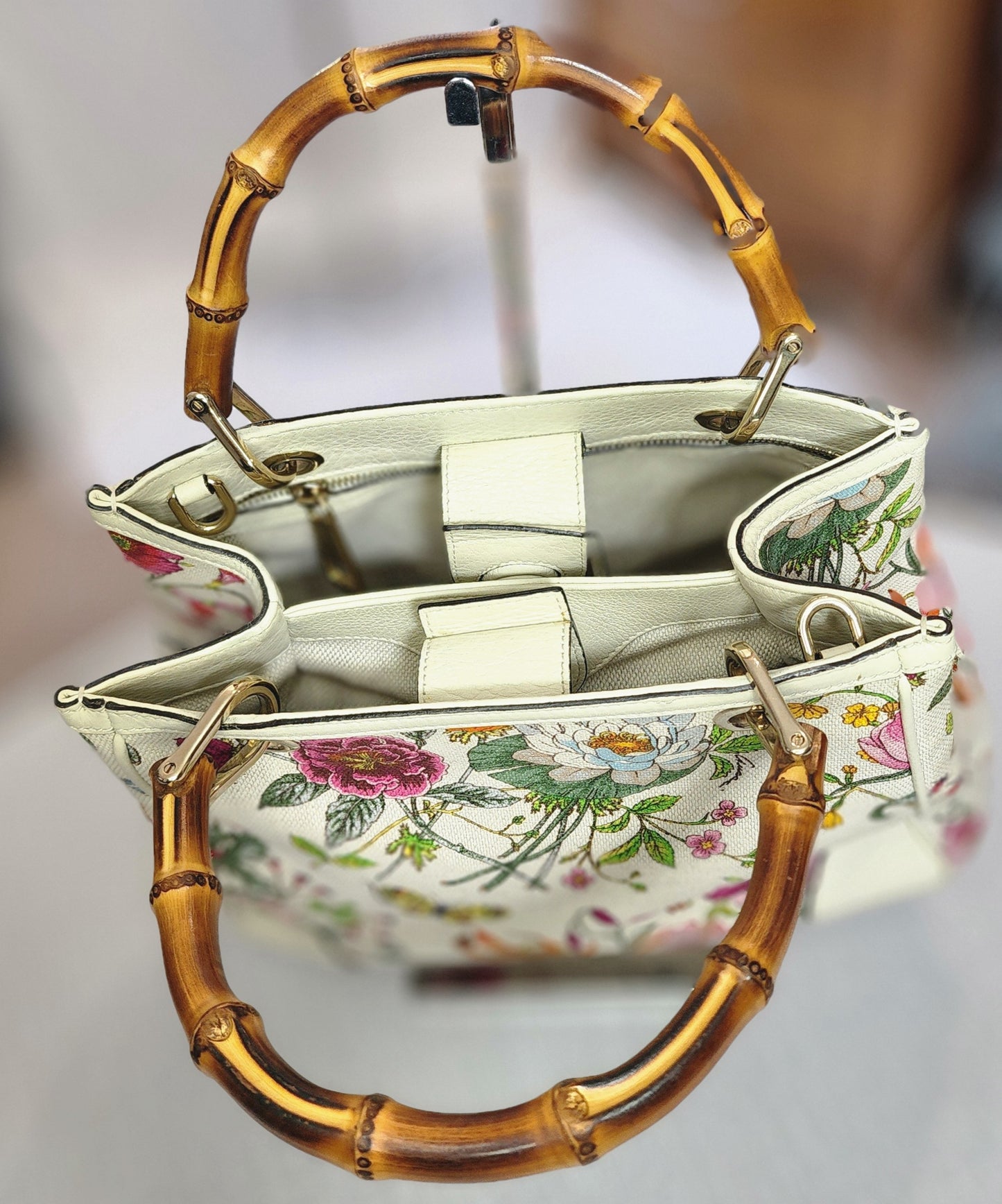Gucci Floral Print Bamboo Handle Canvas Handbag