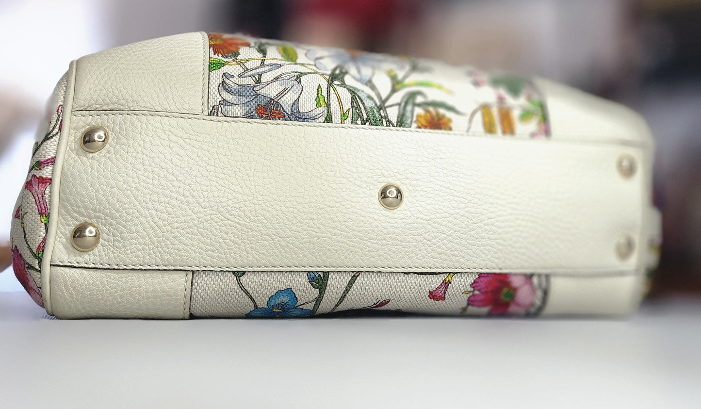 Gucci Floral Print Bamboo Handle Canvas Handbag