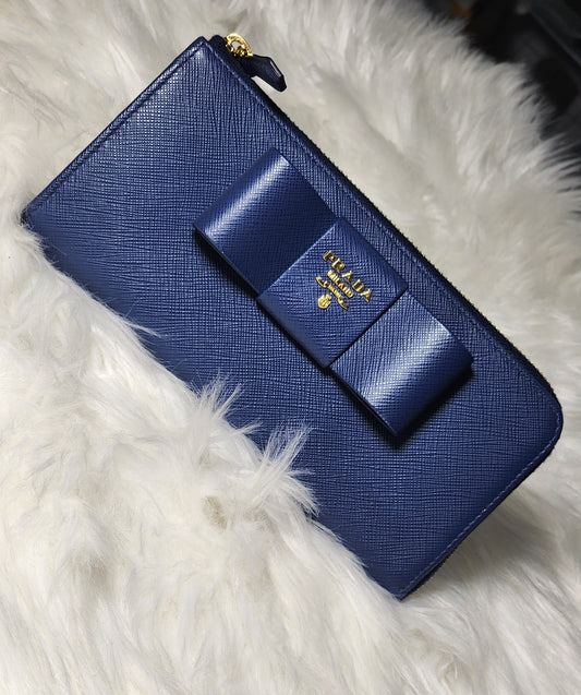 Prada Blue Saffiano Peonia Fiocco Bow Zip Around Wallet