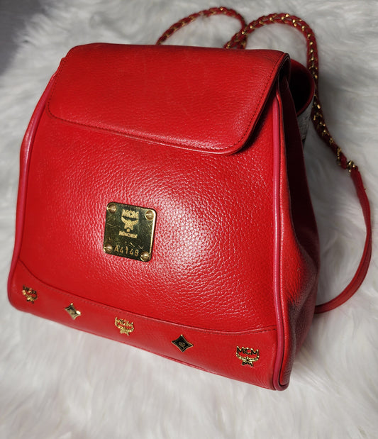 MCM Vintage Red Leather Braided Chain Small Backpack