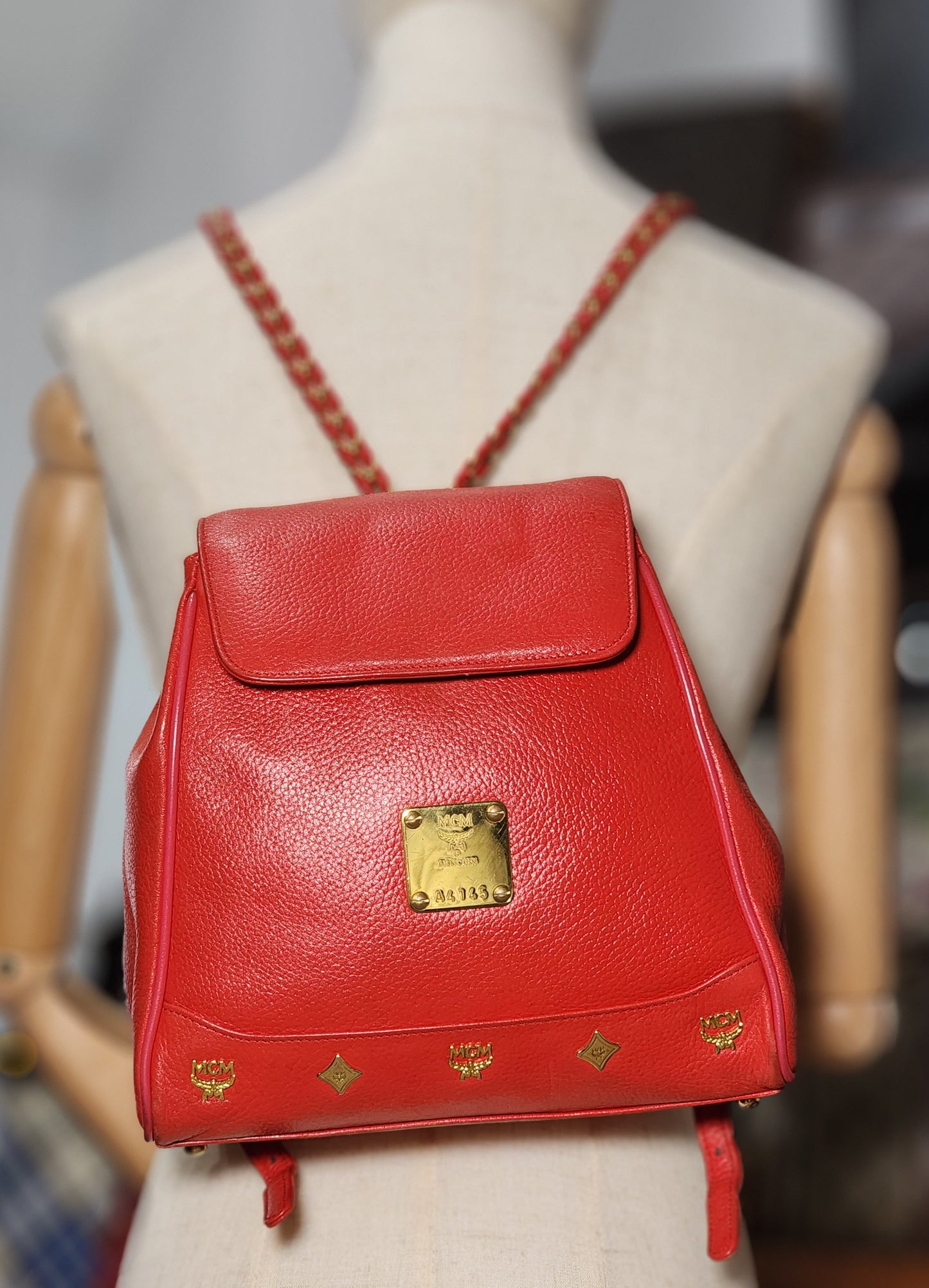 MCM Vintage Red Leather Braided Chain Small Backpack