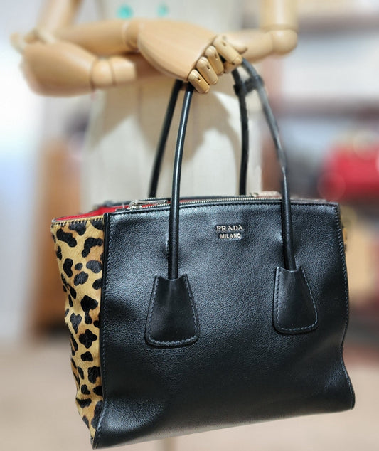 Prada Black Leather and Leopard Print Calf Hair Twin Bag