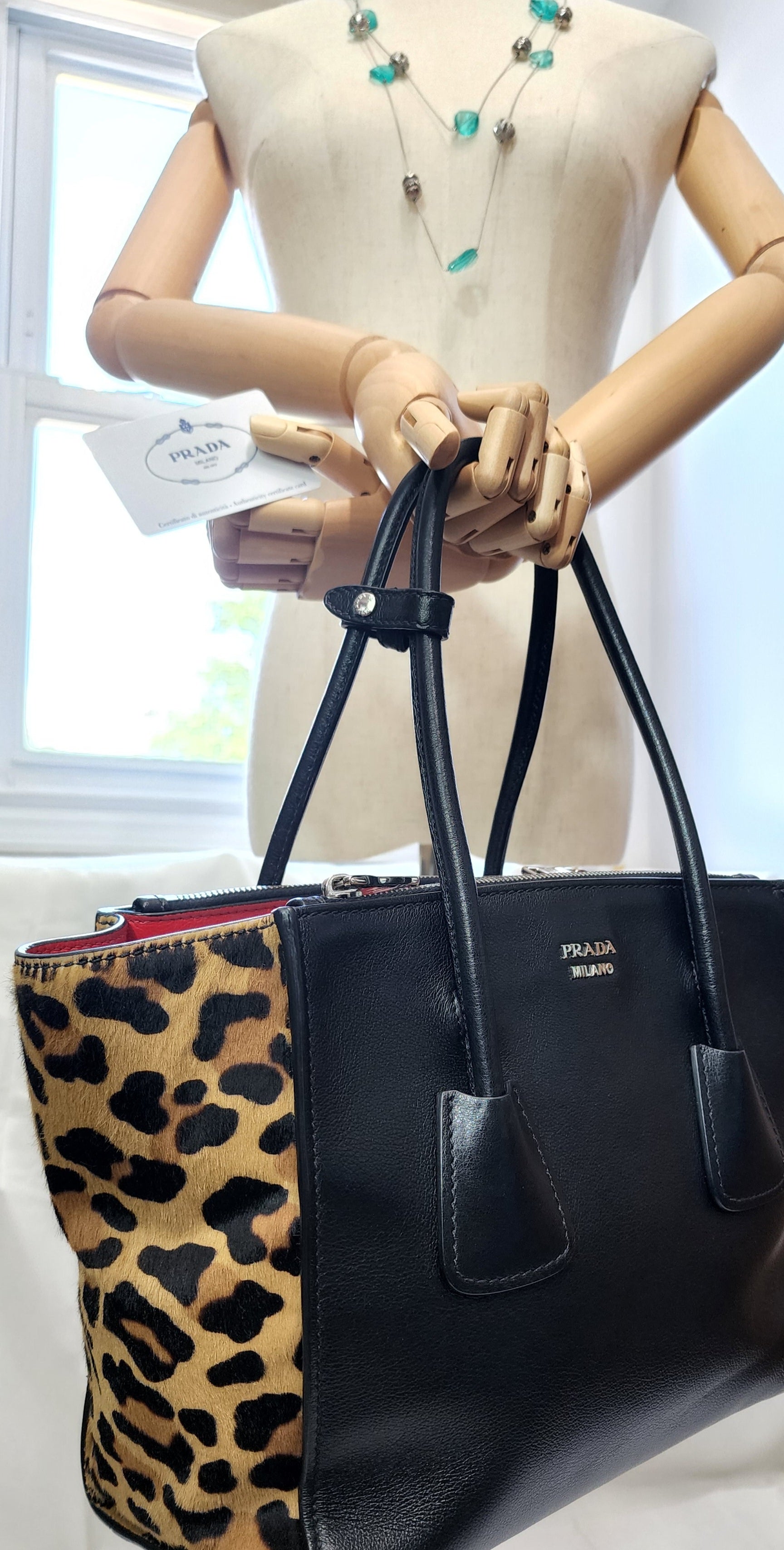 Prada Black Leather and Leopard Print Calf Hair Twin Bag