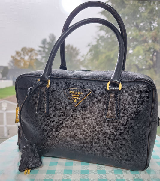 Prada Bauletto Saffiano Mini Black Leather Bag